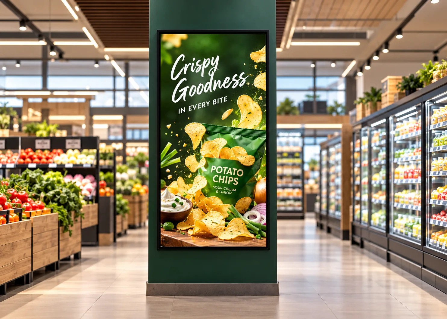 Supermarket display screen showing a potato chips advert