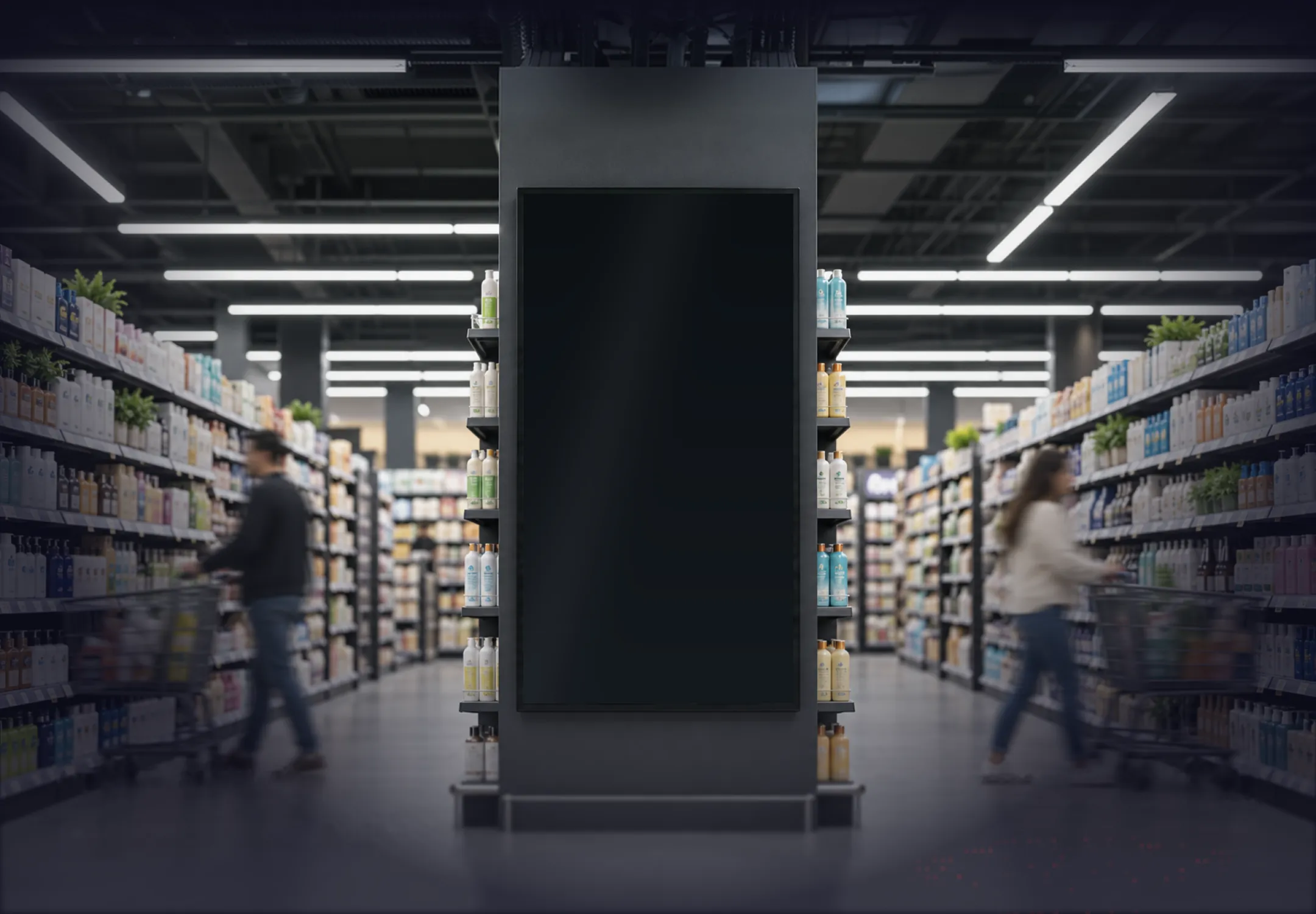 Supermarket aisle with a digital display on a central pillar